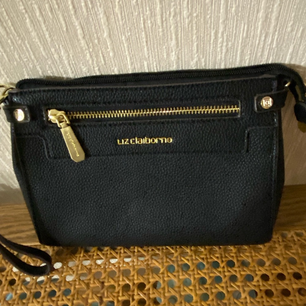 Liz Claiborne Black Wristlet with Gold Accents has long strap for crossbody - Picture 2 of 7